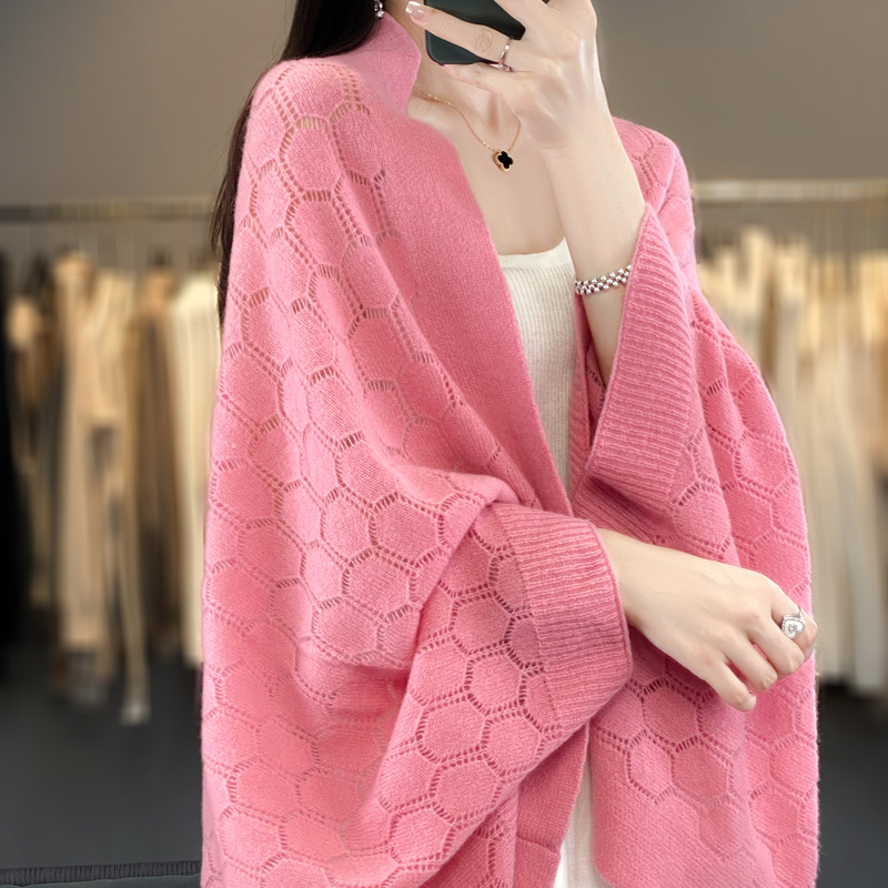 Cardigan en laine mérinos 100% pour femmes, nouvelle mode printemps, doux et élégant, écharpe tricotée ajourée, design sphérique, châles de style coréen