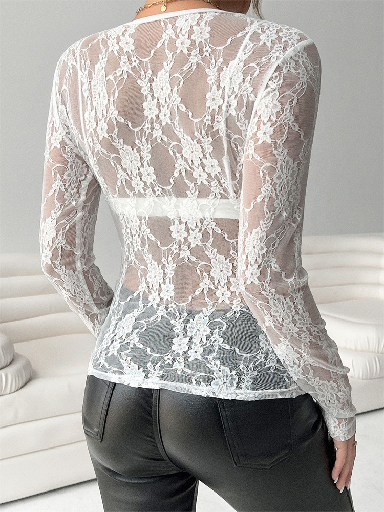 T-shirts à fleurs en dentelle pour femmes, manches longues, col rond, transparents, Slim, chemises printemps été automne