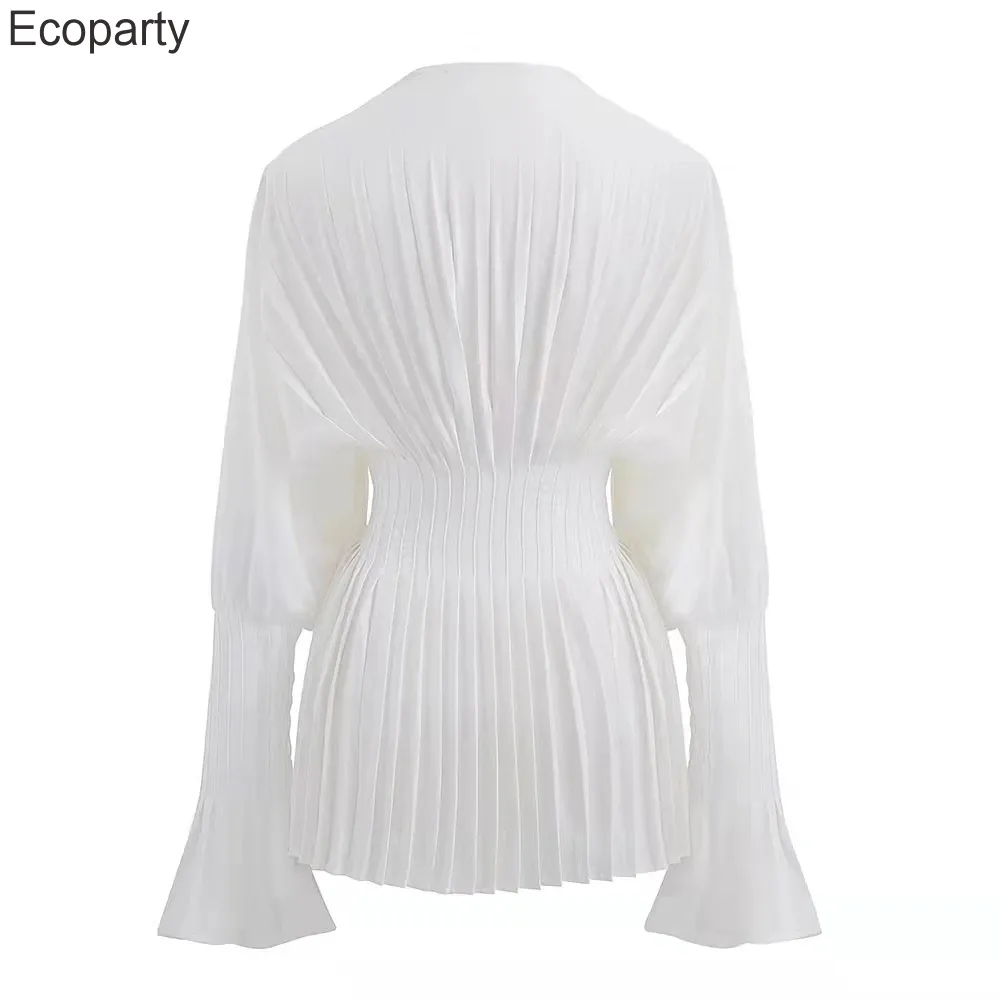 Femmes ample blanc col en v chemises plissées élégant décontracté en mousseline de soie chemise dames lanterne à manches longues hauts Blouses 2024