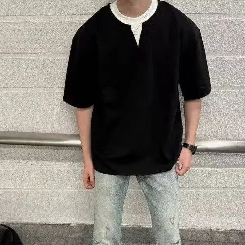 T-shirt pour homme style coréen, faux deux pièces, col en V, tissu épais, coupe ample, décontracté, manches courtes