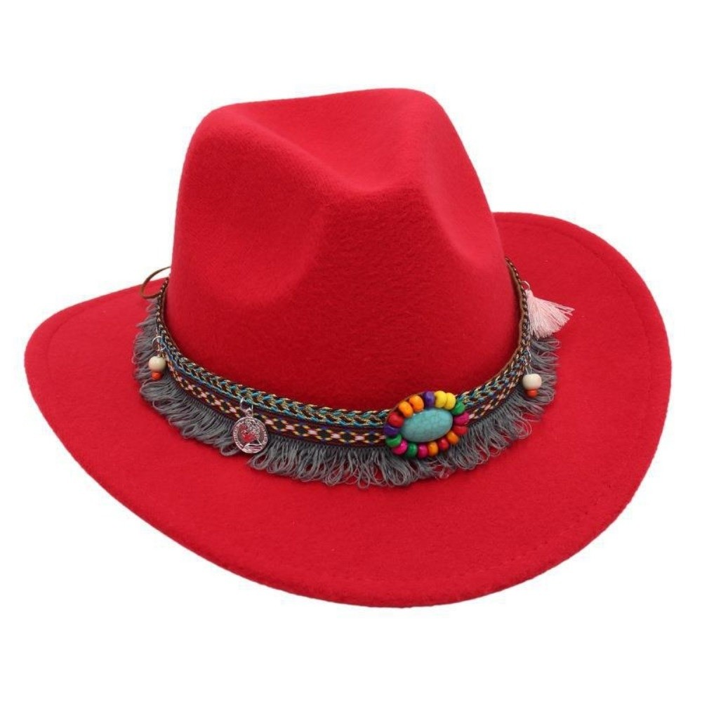 Chapeau de cowboy de style ethnique occidental, couleur unie avec pompons, chapeau tibétain à large bord, chapeau de cowgirl coloré à bord roulé en corde