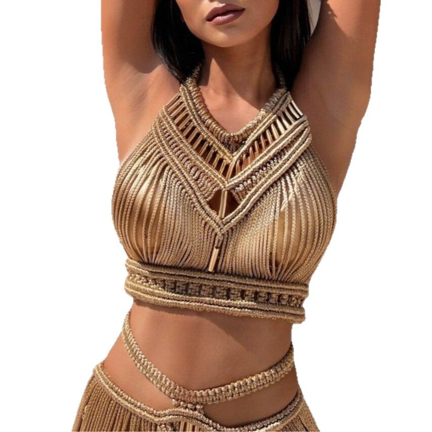 Crochet tricoté à la main femmes cache-up épaules dénudées solide gland haut court longues jupes Maxi ensemble 2025 été plage maillot de bain