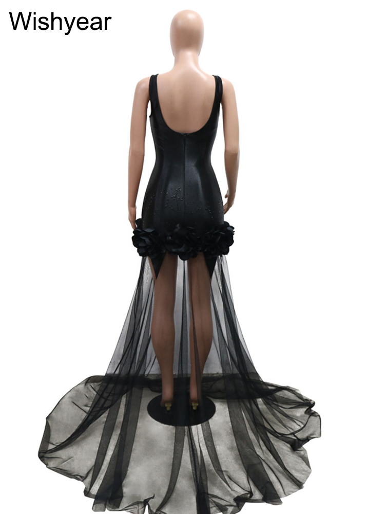Robe de sirène en maille noire pour femme, robe longue transparente, fleur froncée, biscuits de luxe, robe de cocktail, robe d'anniversaire, robe de soirée de mariage, nouveau