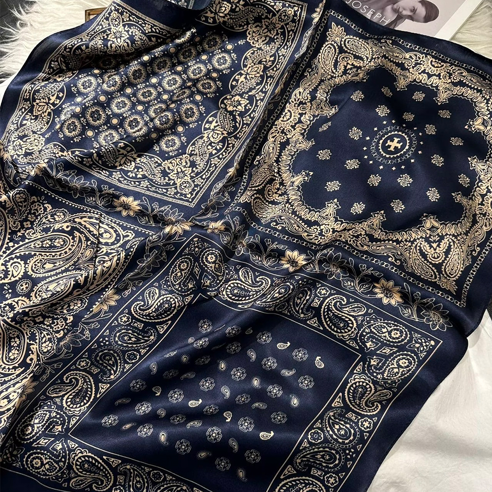 Foulard carré rétro en soie bleu marine, foulard pour femmes et hommes, Design Plaisley élégant, 100% foulards carrés en soie, foulards de cou 65cm x 65cm