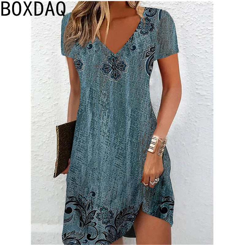 Robe d'été pour femmes, Vintage, imprimé Floral, Mini, col en v, manches courtes, décontractée, robes de vacances, robe surdimensionnée