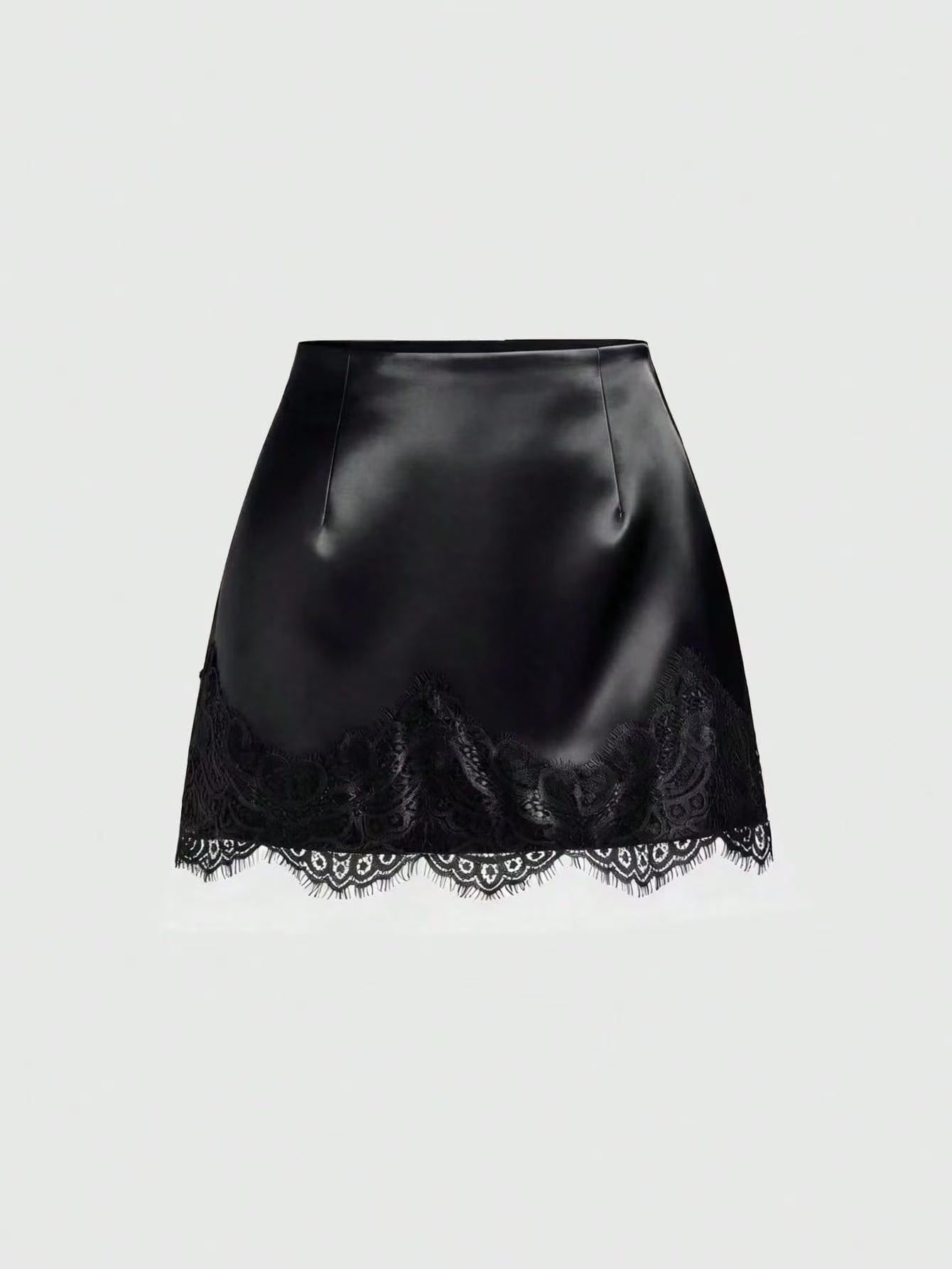 Mini-jupe en satin pour femmes, taille haute, couleur unie, ourlet en dentelle, coupe trapèze, jupe courte, élégante, pour soirées, clubs et tenues décontractées.