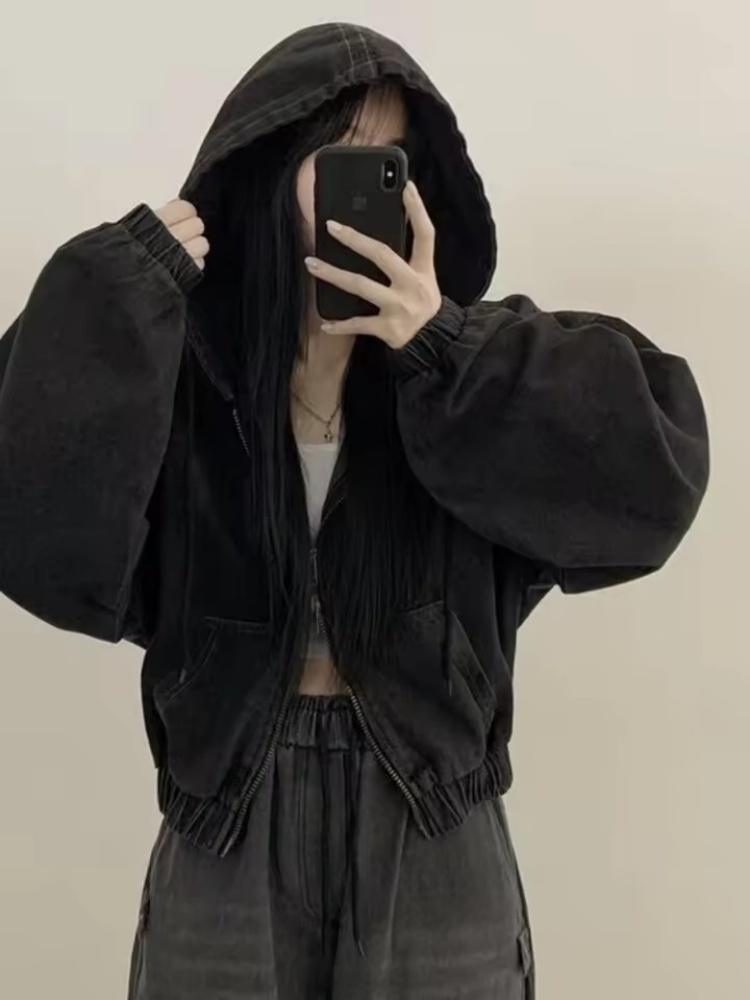 Veste courte en jean pour femmes, ample, manches longues, décontractée, mode automne, rétro, fermeture éclair, sweat à capuche, vêtements d'extérieur polyvalents