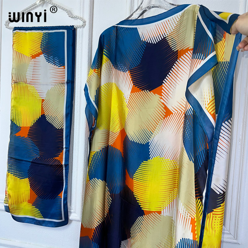 WINYI-Robe imprimée style bohème avec ceinture pour femmes africaines, abaya dubaï, tenue traditionnelle de luxe, ensembles musulmans, robe de soirée maxi