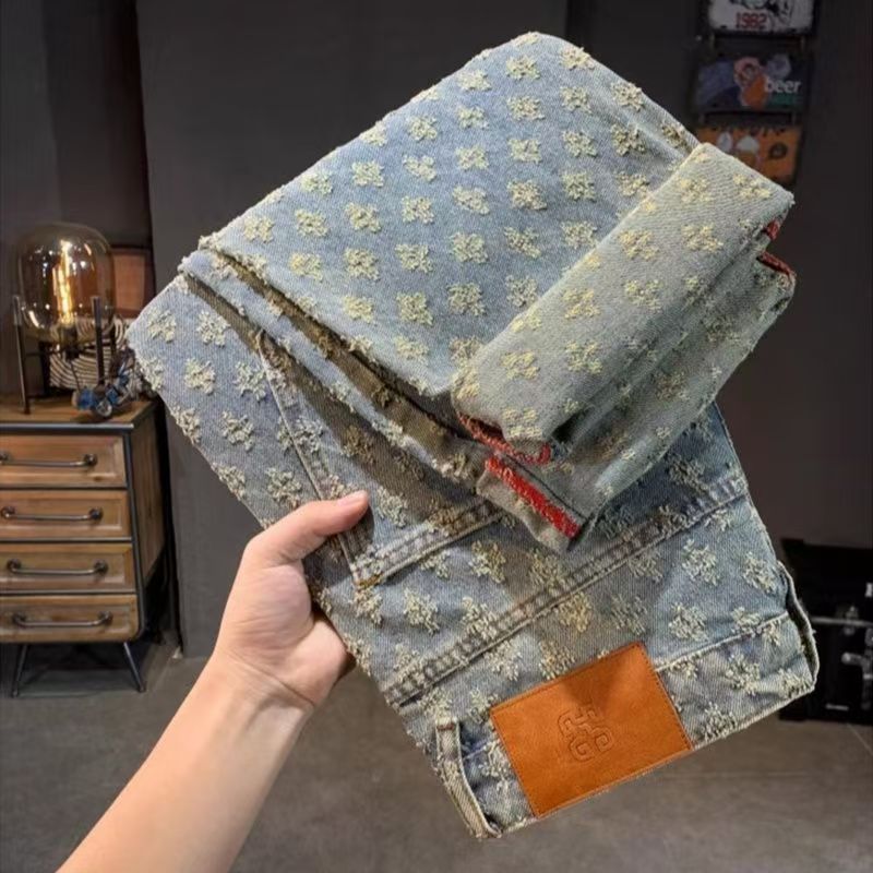 Jean Jacquard imprimé complet pour hommes, pantalon Streetwear haut de gamme, tendance, américain, High street, jambe droite, légèrement évasé, été