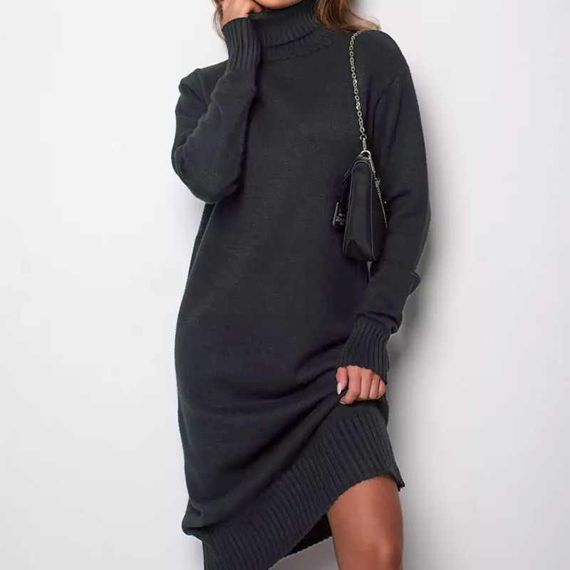 Robe tricotée côtelée à col roulé pour femme, pull basique à manches longues, couleur unie, automne hiver