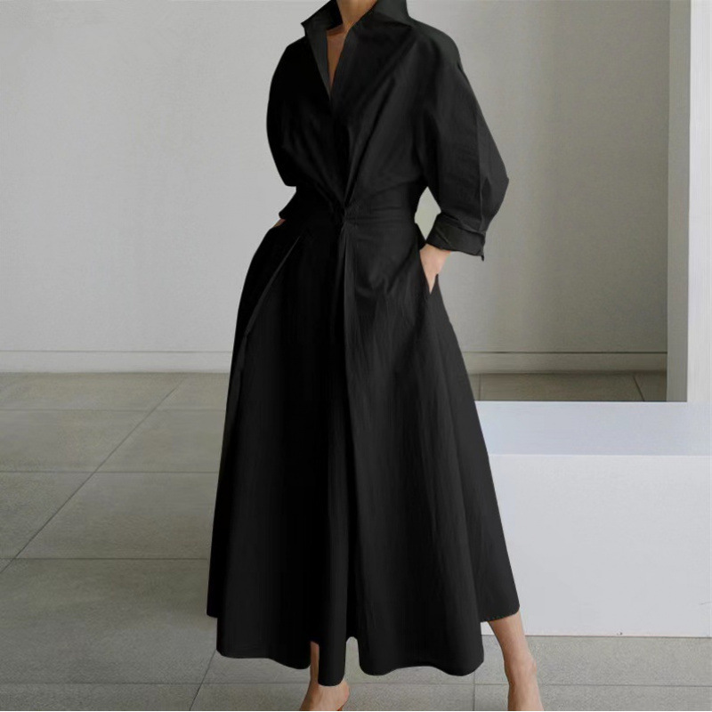 Robe chemise élégante pour femme, col à revers, manches 3/4, ceinture, coupe trapèze, longueur midi, tenue décontractée pour le bureau