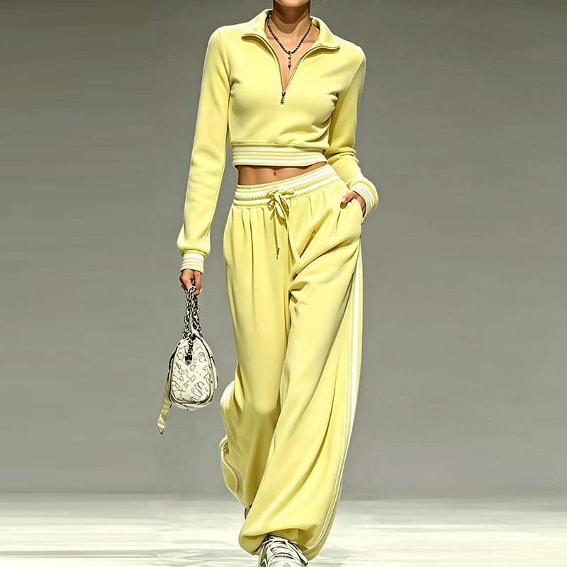 Ensemble de survêtement 2 pièces pour femme : Haut court uni à col montant zippé et pantalon large taille haute – Tenue décontractée et sportive