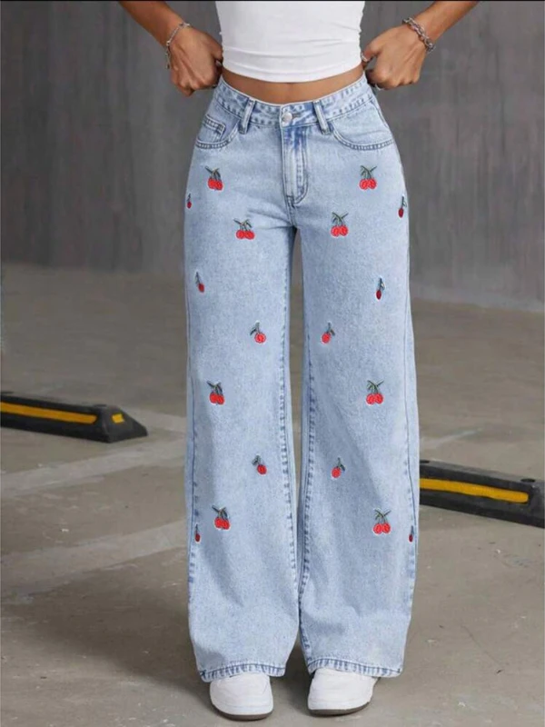 Denim pantalon à jambes larges femmes jean broderie taille haute en détresse lavé maman poches Vintage longueur de plancher pantalon Streetwear