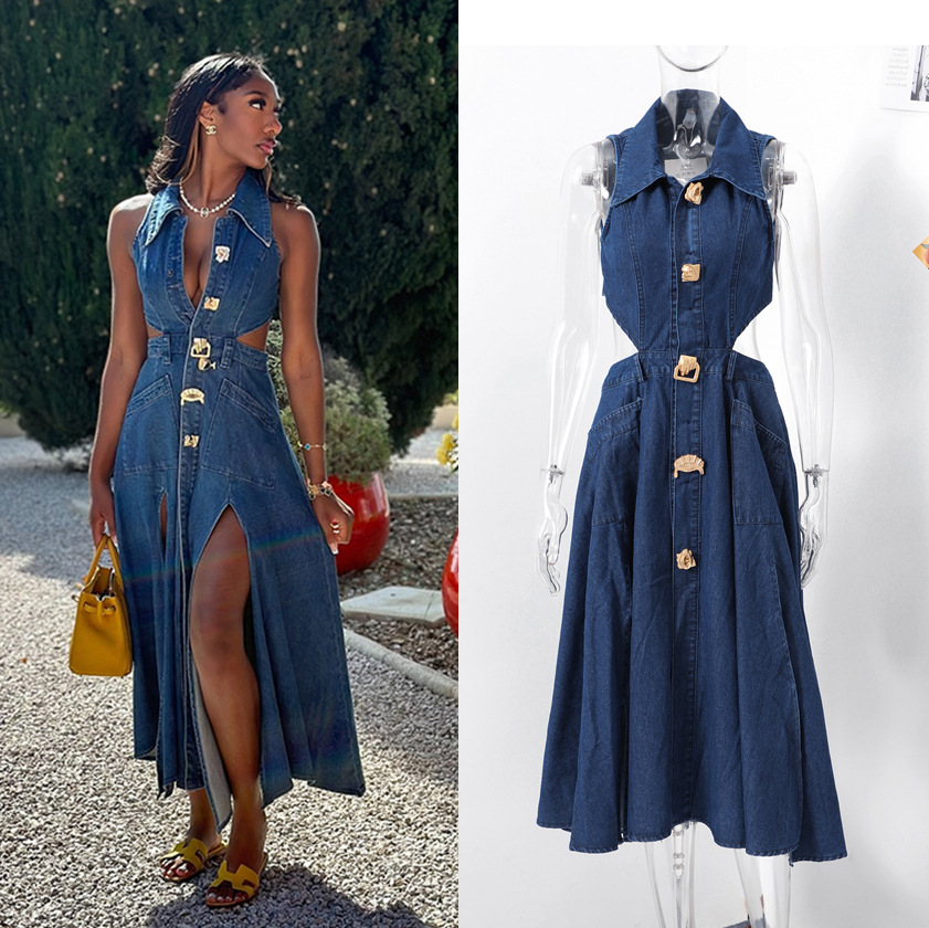 Robe en jean pour femmes, longue, taille haute, ligne A, col rabattu, sans manches, élégante, Y2k, Streetwear, maman, Slim, 2025