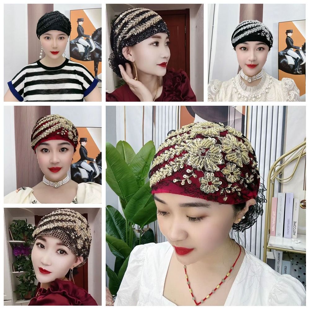 Foulard extensible en dentelle, turban, chapeau, fleur, strass, écharpe fine d'été, foulard intégral à capuche, sous-foulard islamique pour femme
