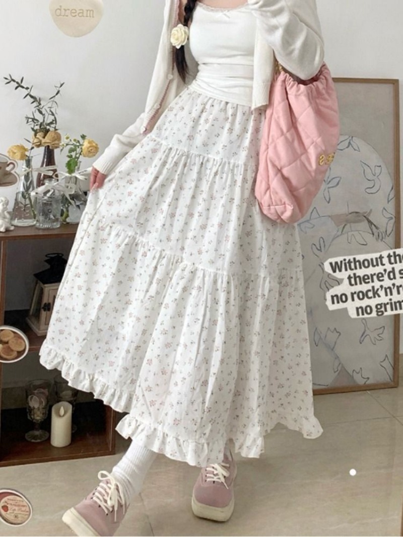 Jupe trapèze florale pour femme, longueur mi-mollet, taille haute, streetwear coréen, jupe Harajuku Y2K, été 2024