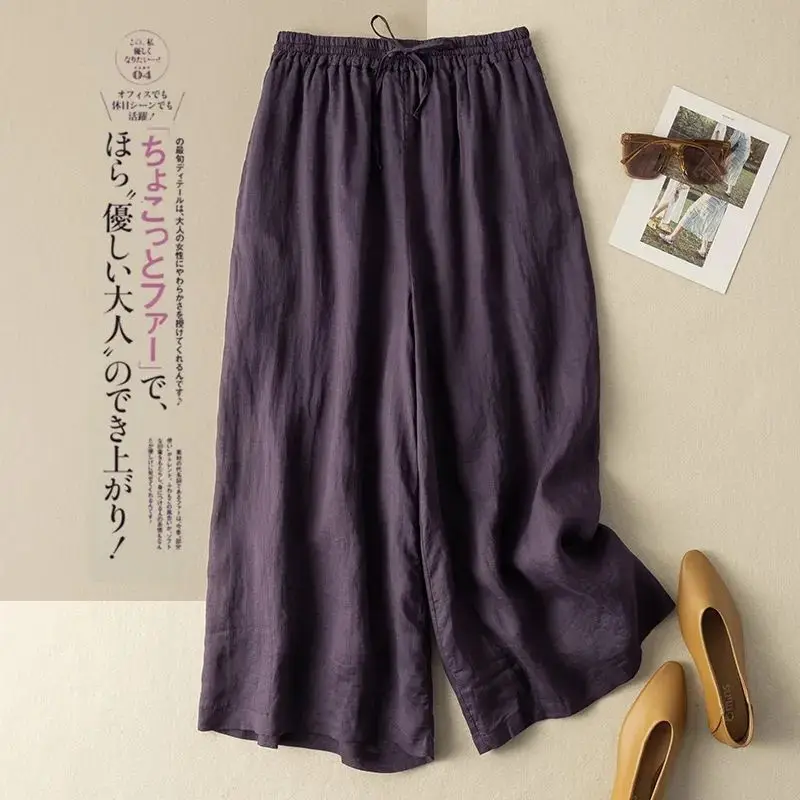 Pantalon en coton et lin noir pour femmes, décontracté, élastique, taille haute, ample, mode coréenne, jambes larges, longueur cheville, 2025
