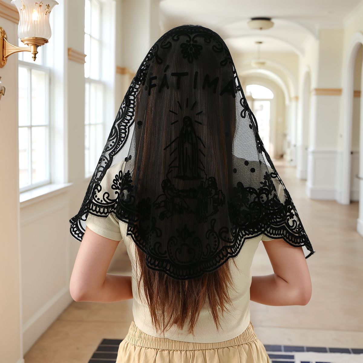 Voile Hijab Jacquard Religieux Personnalisé Vierge Marie, Châle Long Brodé en Dentelle pour Femme Musulmane, Turban avec Protection Solaire