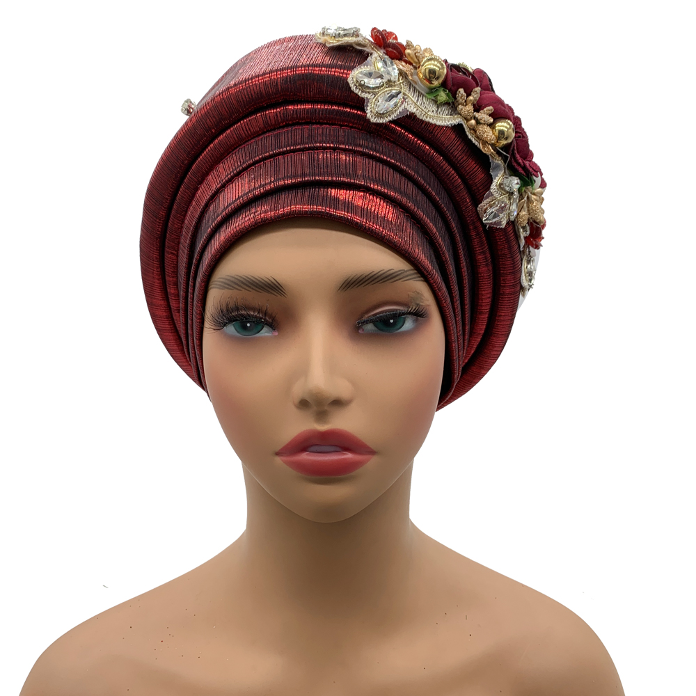 Turban Nigérian pour Mariage Traditionnel pour Femme, Cravate de Sauna Africain, Bouquet Exquis, Déjà Fait, Bonnet