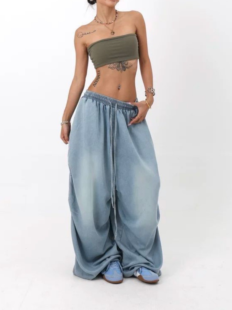 Pantalon en jean pour femme, coupe ample, taille élastique, délavage vintage, longueur intégrale, avec lacets, style Y2K streetwear décontracté, Printemps 2026