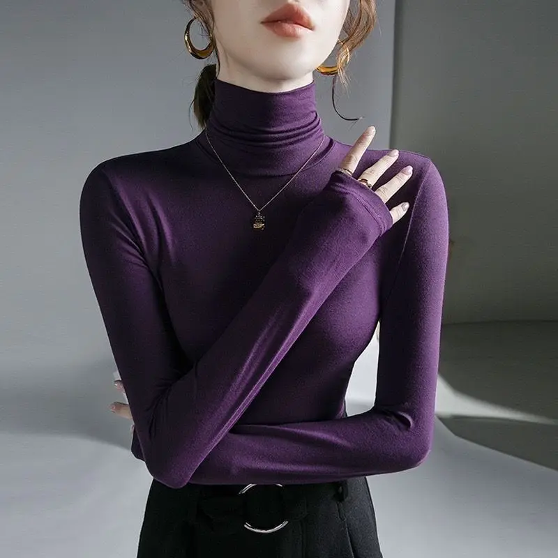 Femme T-shirt col roulé vêtements maigres 2025 haut noir pour femmes violet T-shirt Grunge T-shirt esthétique Simple pas cher élégant années 2000