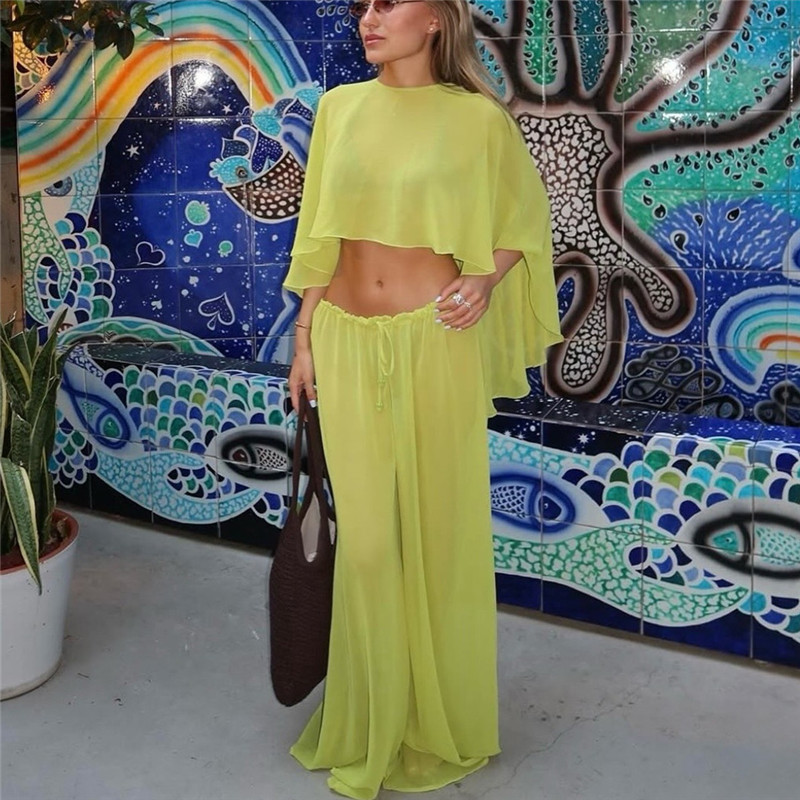 Ensemble 2 pièces de plage : Cape transparente à manches courtes et pantalon large à cordon élastique – Tenue assortie pour femme pour les vacances d'été