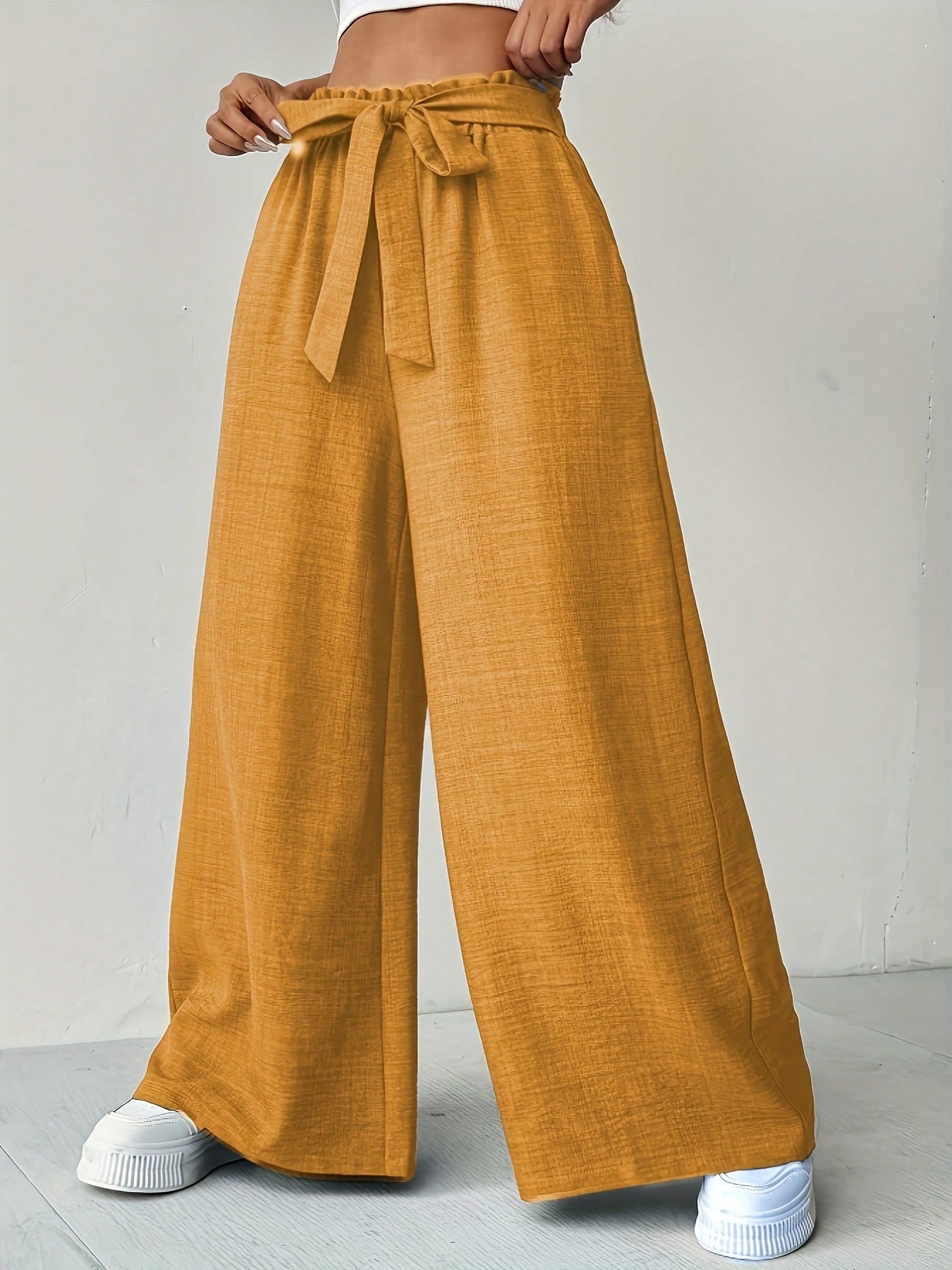 Tendance, confortable, polyvalent, pantalon d’été à taille haute et coupe ajustée, pantalon ample de couleur unie, pantalon long, vêtements pour femmes.