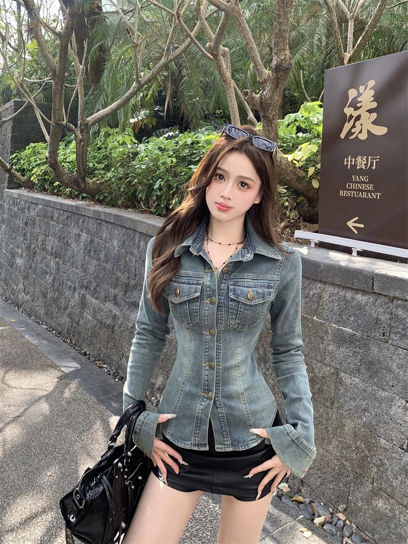 Femmes Denim Blouse Vintage nouveau printemps plein coton à lacets solide veste décontractée jean femmes Style de rue Style euro-américain