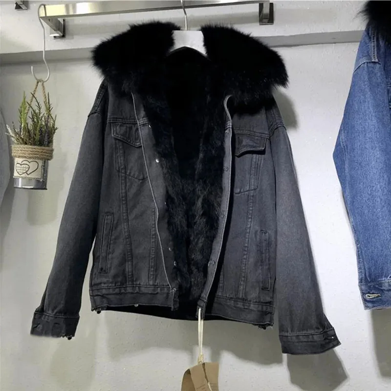 Manteau d'hiver chaud pour femme, style veste en jean, avec grand col en fourrure, doudoune épaisse en polaire, veste de moto basique pour le froid