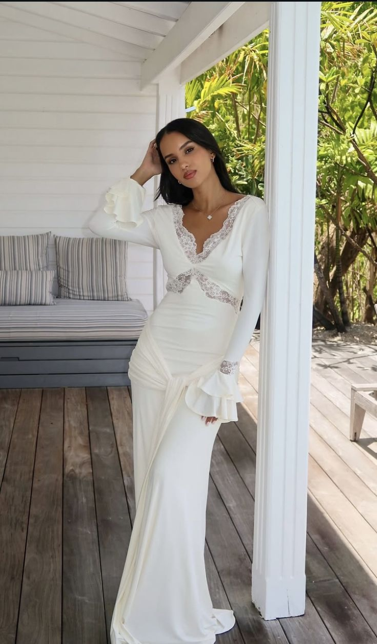 Robe élégante blanche en dentelle froncée, style vintage, sexy, à manches longues évasées, dos nu, pour soirée, collection automne