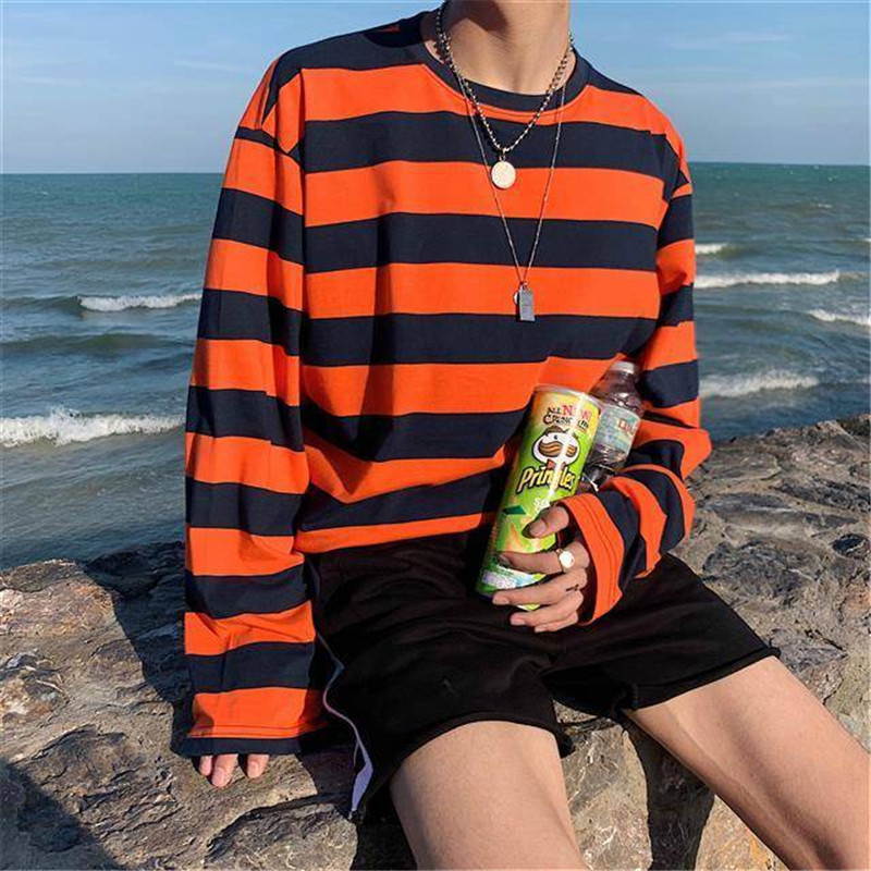 T-shirt rayé tendance automne 2026 pour homme, style hip-hop coréen, hauts décontractés amples pour femme, vêtements Ulzzang, t-shirts blancs pour hommes