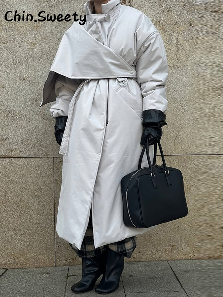Manteau long matelassé en coton pour femme, à col montant, avec ceinture et lacets, fermeture éclair, manches longues, veste chaude d'hiver 2026