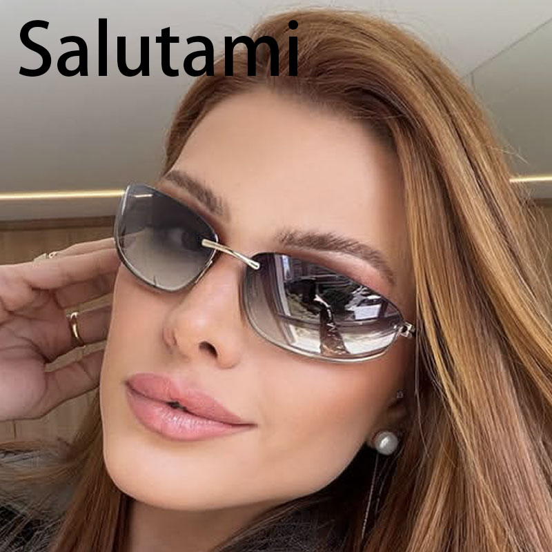Lunettes de soleil ovales sans monture pour femme, style rétro tendance, idéales pour les voyages et les photos de rue, lunettes de soleil tendance pour homme.