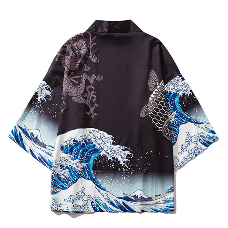 Kimono noir pour femmes et hommes, Obi japonais, Yukata pour garçons, Haori, manteau à imprimé vagues japonaises, vêtements traditionnels japonais