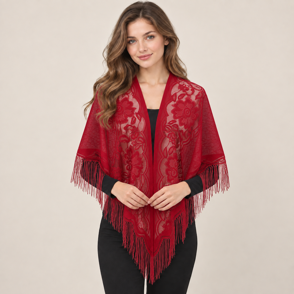 Châle triangulaire en dentelle florale pour femme, élégant, à franges, léger, voile transparent, couvre-épaules pour mariage, soirée et fête
