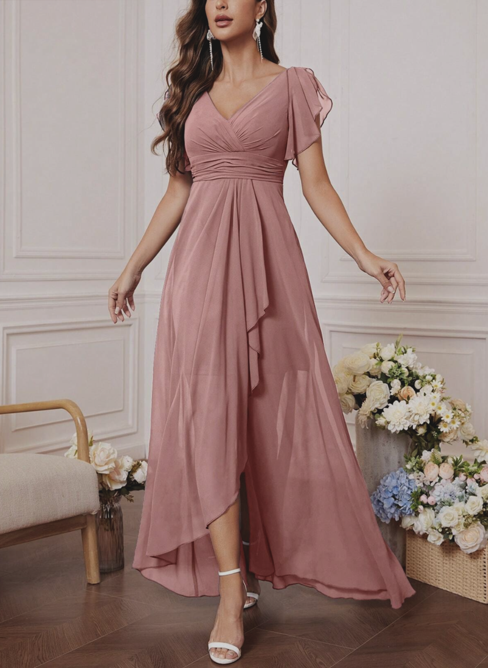 Robe en mousseline à col en V, manches en forme de feuille de lotus, taille haute, plissée, jupe fluide, robe de demoiselle d'honneur, longue robe de soirée de style français