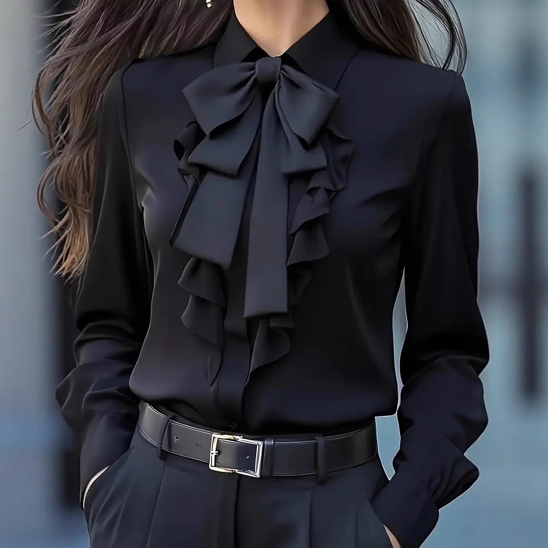 Nouveau automne couleur unie à lacets nœud à volants conception chemise pour femmes Vintage à manches longues Blouse chemise blanche automne femme vêtements