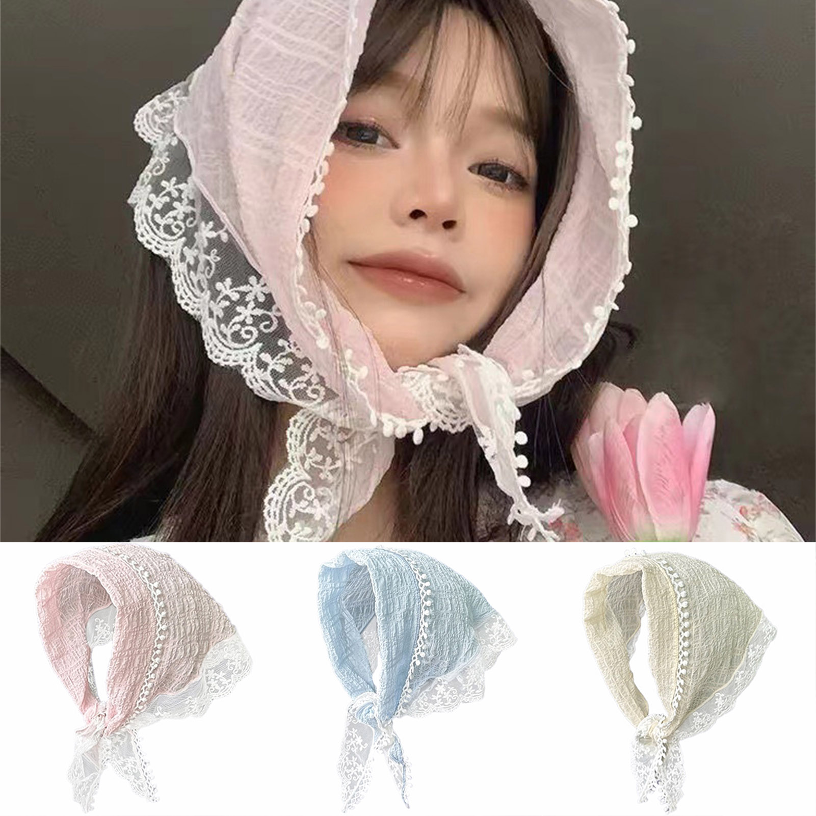 Foulard en dentelle pour femmes, bandeau antidérapant, motif Floral, foulard pour cheveux, décoration de coiffure, 53x34cm