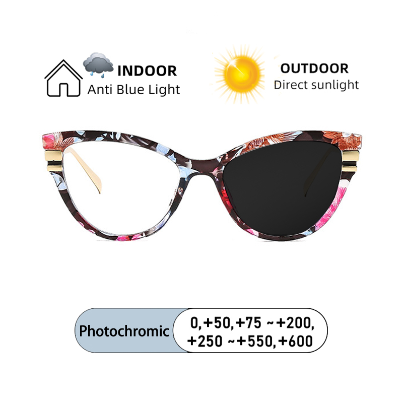 Marque Design oeil de chat imprimé Floral cadre hypermétropie lunettes photochromique Anti lumière bleue ordinateur femmes lunettes de lecture 0 + 1 + 1.5