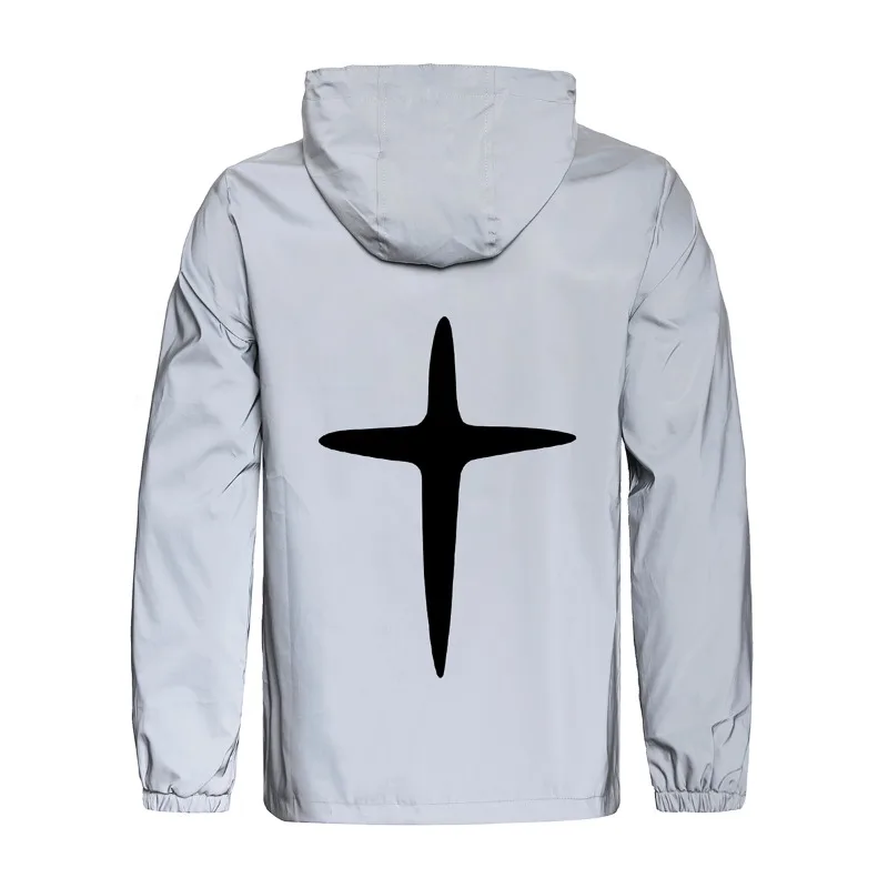 Veste réfléchissante de nuit pour hommes, manteaux à capuche coupe-vent imprimés croisés, Streetwear, cyclisme en plein air, survêtement, vêtements d'extérieur de sécurité