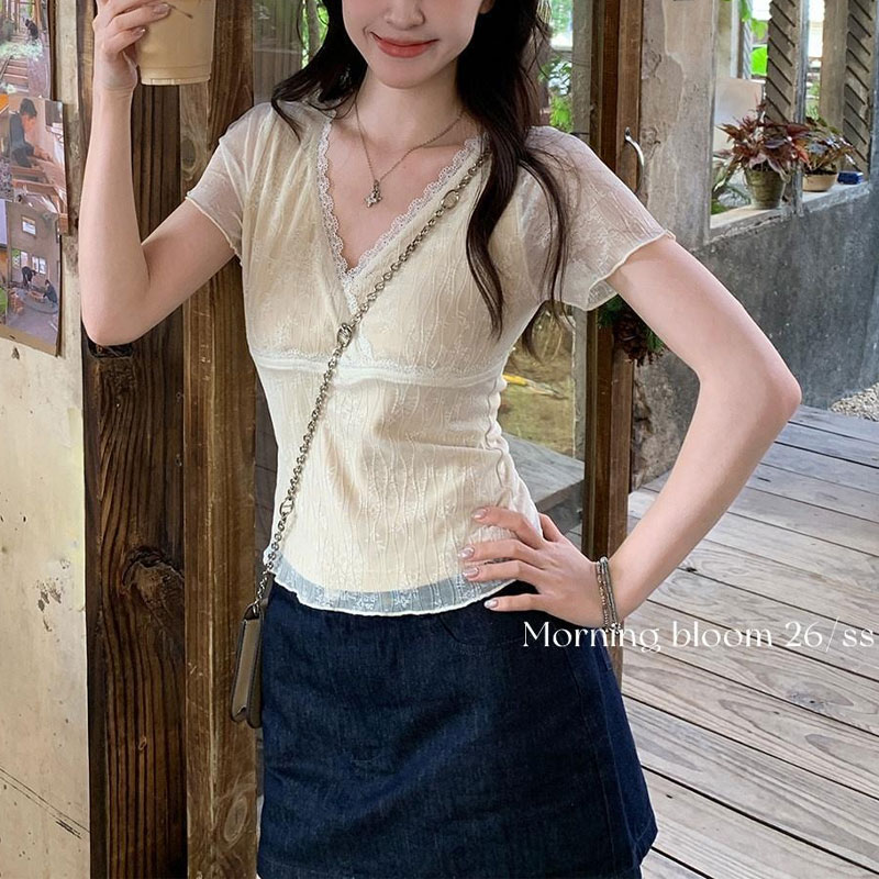 Chemisier Femme Col V Délicat en Dentelle à la Taille Manches Courtes Été Effet Deux Pièces Coupe Slim Aura Basique Tendance Patchwork