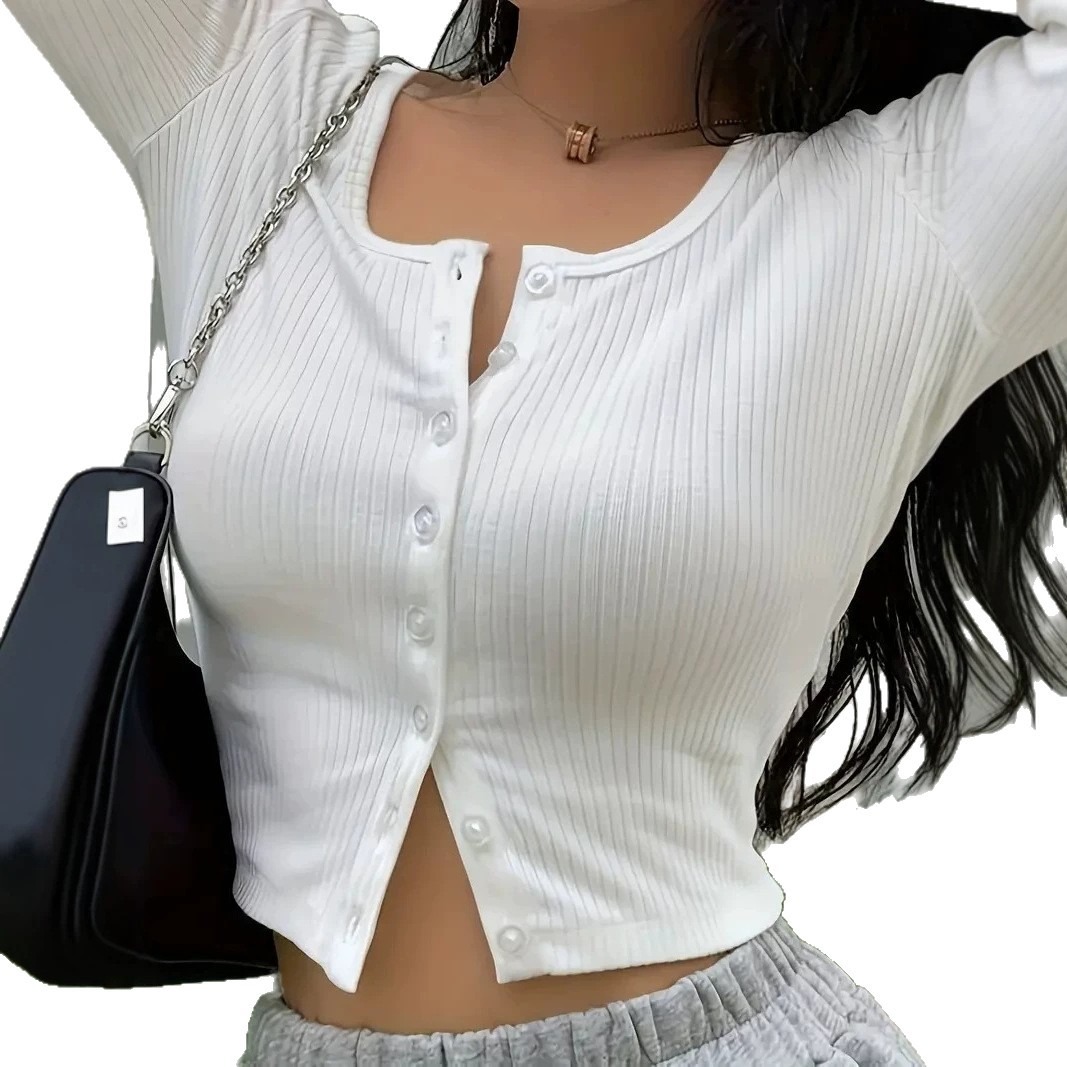 Nouvelle collection automne 2026 – T-shirt coréen uni à manches longues pour femme, coupe ajustée, cardigan boutonné, haut décontracté et basique pour superposition