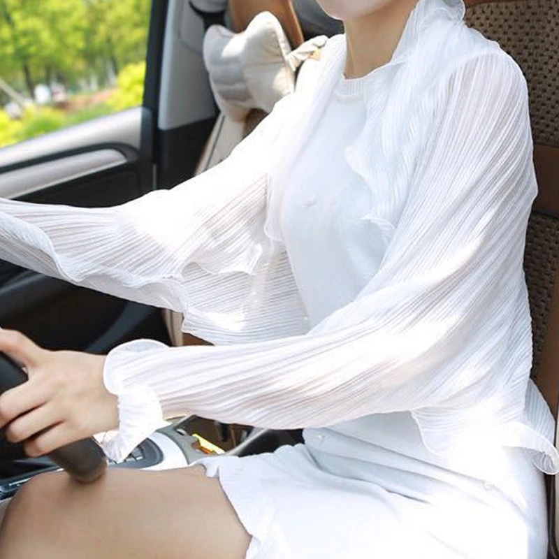 Châle de protection solaire gaufré à volants en mousseline de soie couleur unie pour femme, avec manches de protection solaire pour voiture en extérieur