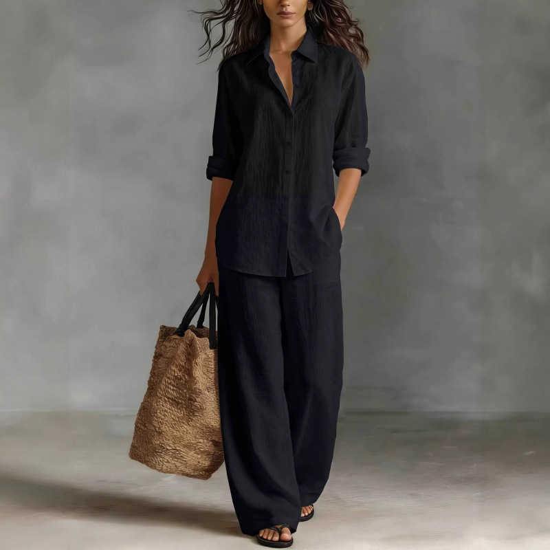 Ensemble de chemise en coton et lin à manches longues pour femmes, pantalon large en coton et lin pour le printemps et l'automne, ensemble de bureau 2 pièces pour femmes