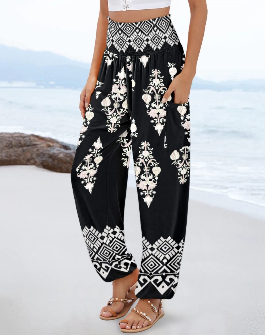 Pantalon Harem Bohème Taille Haute pour Femme avec Imprimé Floral et Géométrique, Poches Latérales et Chevilles Élastiquées – Idéal pour les Vacances à la Plage