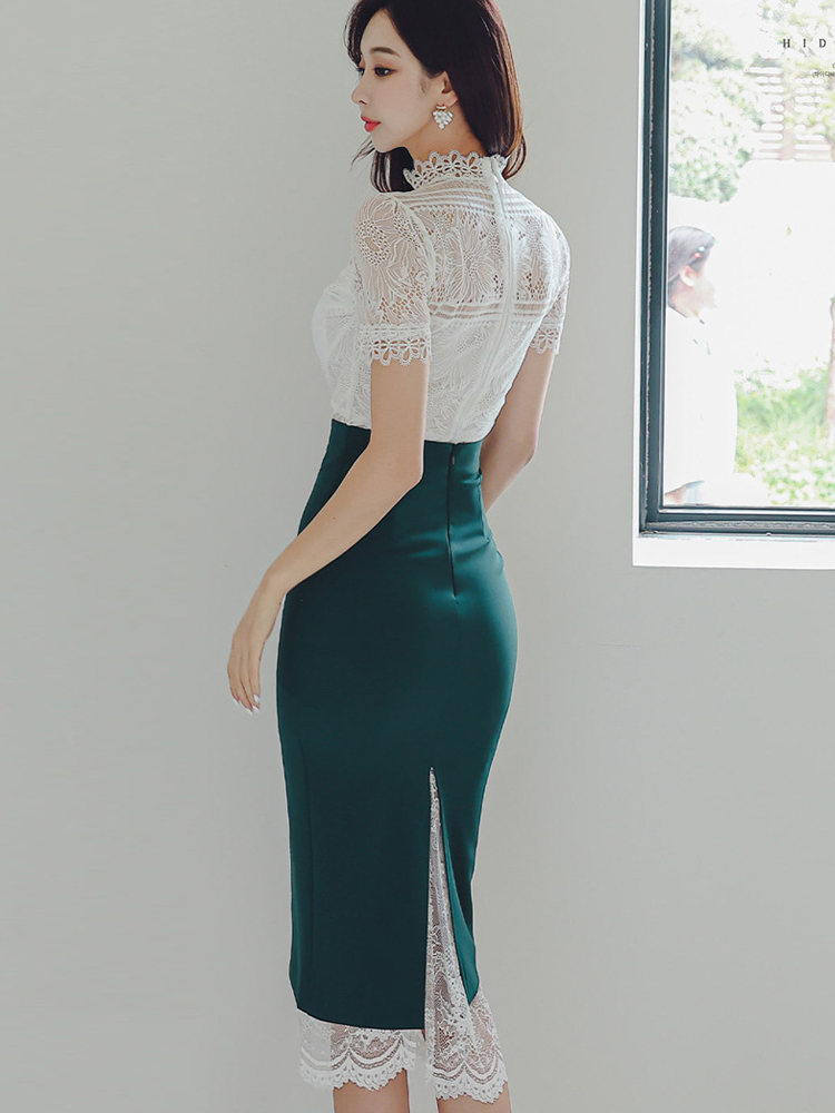 Ensemble 2 pièces en dentelle transparente pour femmes, chemisier en Y blanc, jupe mi-longue taille haute, tenue sexy, vêtements d'été, mode élégante