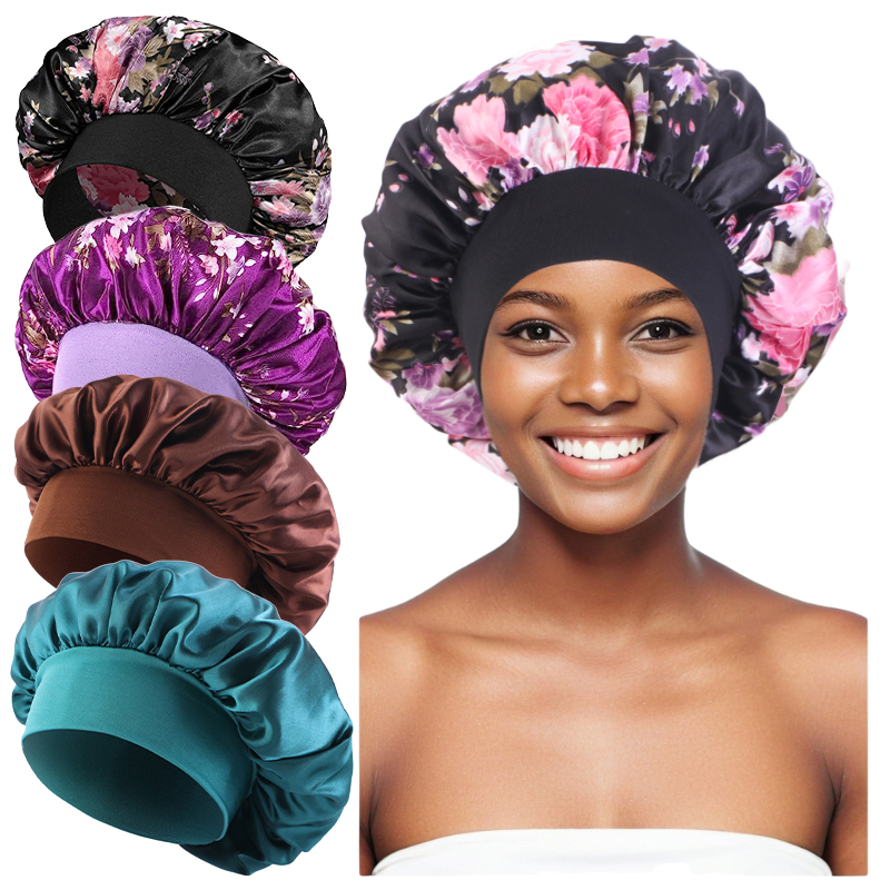 Bonnet de nuit en Satin à large bord, motif Floral, enveloppe pour cheveux, bonnet de nuit, bande élastique souple, soins capillaires, chapeau de douche, 4 pièces/lot