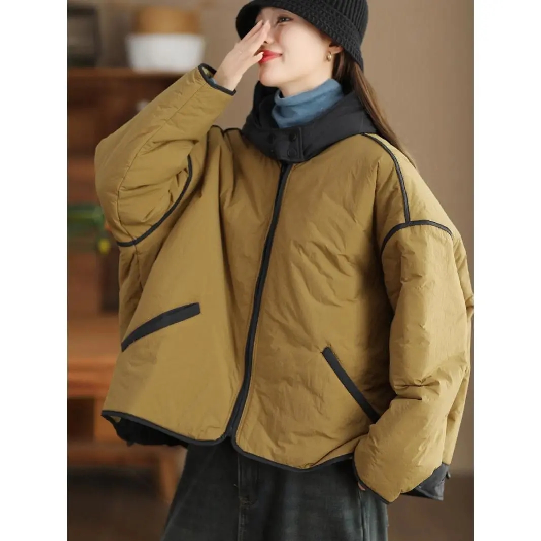 Veste matelassée à capuche et cordon de serrage pour femme, manteau chaud ample et fin en coton, couleur contrastée, mode automne et hiver, w1502