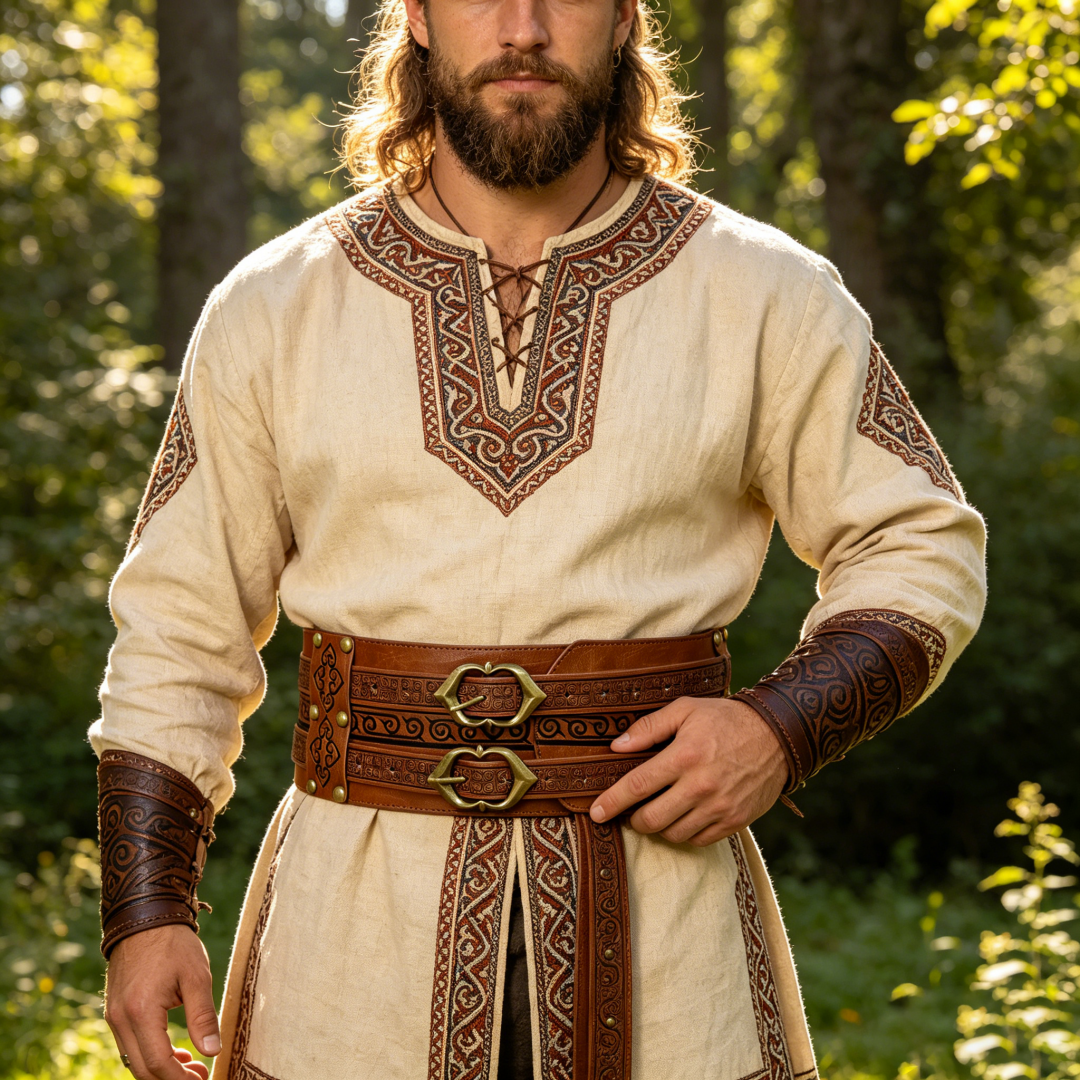 Ceinture large en cuir gaufré style Viking, avec double boucle médiévale pour LARP et Cosplay
