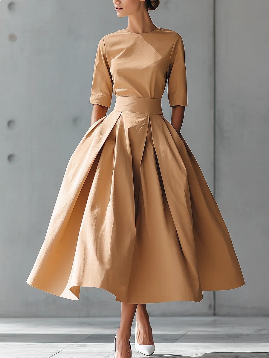 Robe élégante coupe trapèze, manches courtes, couleur unie, fluide, mi-longue, pour le printemps et l'été, ensemble assorti